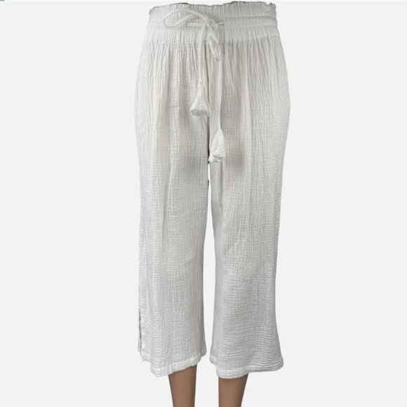 Joie Gauze White High Waist Wide Leg Tassels Drawstring Crop Trousers Pants - Picture 1 of 3
